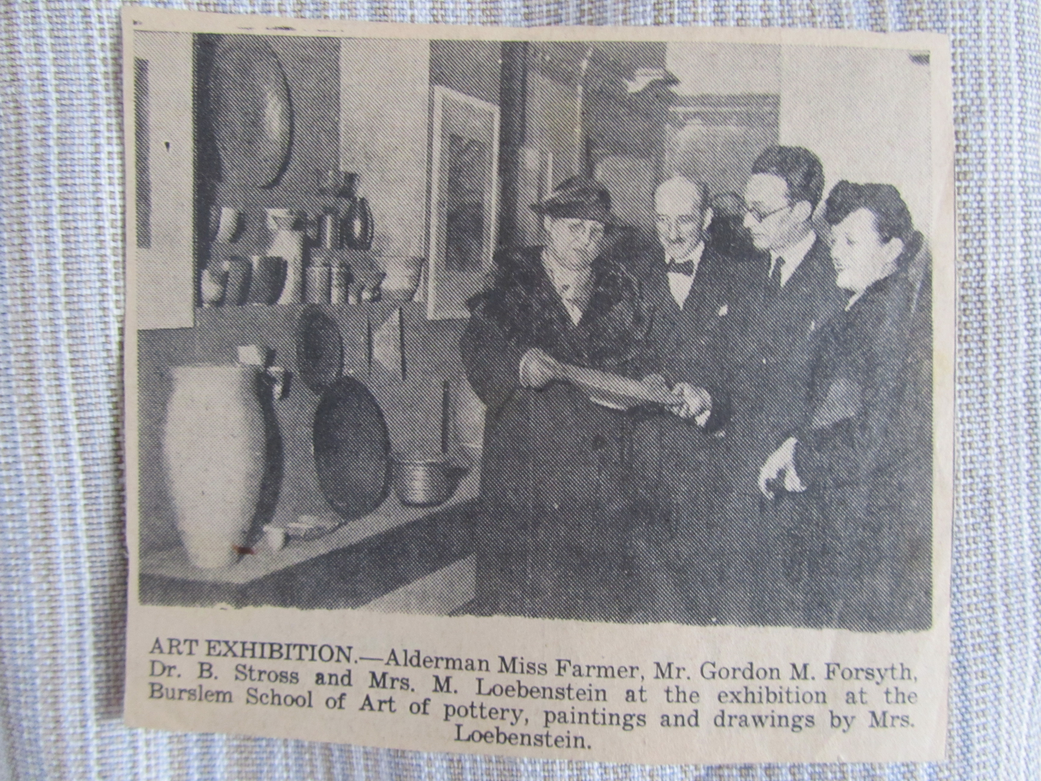 Snapshot of a newspaper clipping of Grete Marks (then Margret Loebenstein)'s exhibition at England's Burslem School of Art, 1936. Collection of Dr. Frances Marks. Photo by the author.