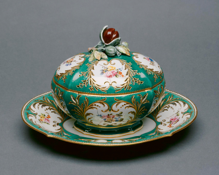 Sèvres Porcelain Manufactory (Sèvres, France, established in 1756), painted by Denis Levé (French, active 1754–1805). Covered Chestnut Bowl and Stand (marronière), 1757–58. Soft paste porcelain, vert ground color, polychrome enamels, and gilding tureen. Bequest of Mrs. Arthur J. Riebs given in memory of her father C.W. George Everhart, and her mother Lillian Boynton Everhart. Photo credit John R. Glembin