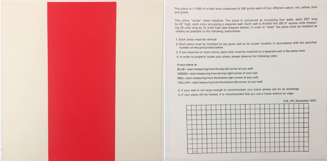 Daniel Buren (French, b. 1938), 1000 Placements (Red No. 227), from the Rubber Stamp Portfolio, 1976, published 1977. Rubber stamp print in red. Image and sheet: 8 × 8 in. (20.32 × 20.32 cm). Gift of Virginia M. and J. Thomas Maher III M1994.263.3. © Artists Rights Society (ARS), New York / ADAGP, Paris.
