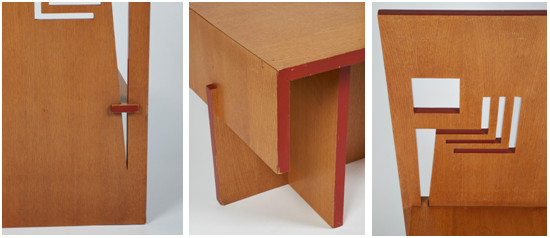 Details of the Usonian Exhibition House Dining Chair showing its construction and cut-out decoration.