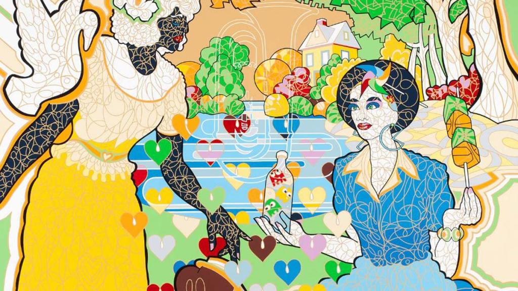 Colorful abstract art with a woman with dark hair in a blue dress and another in a yellow dress with wings